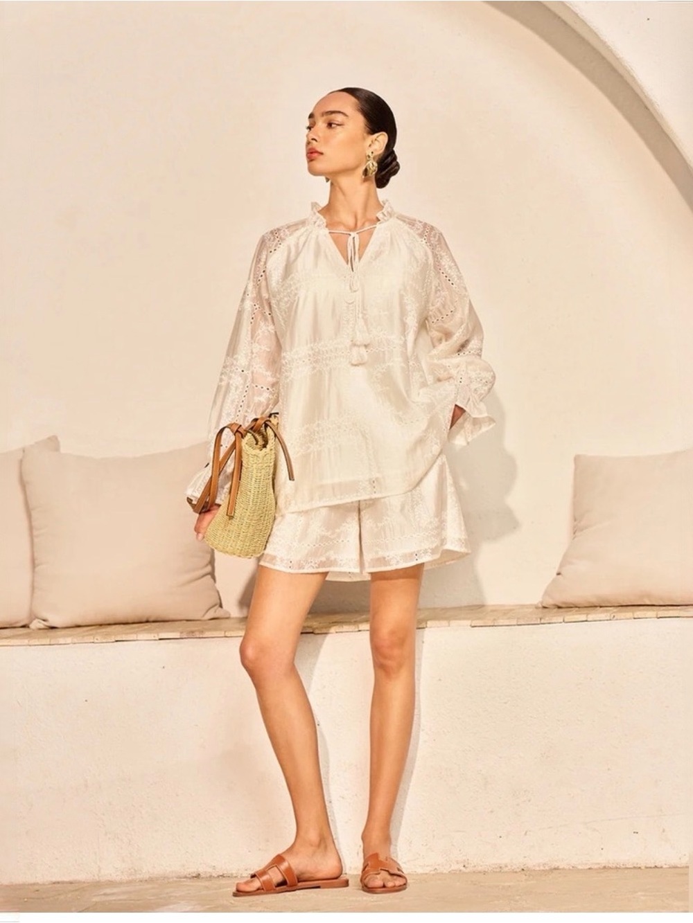 Commense Embroidery Detail Long Sleeve Shorts Set